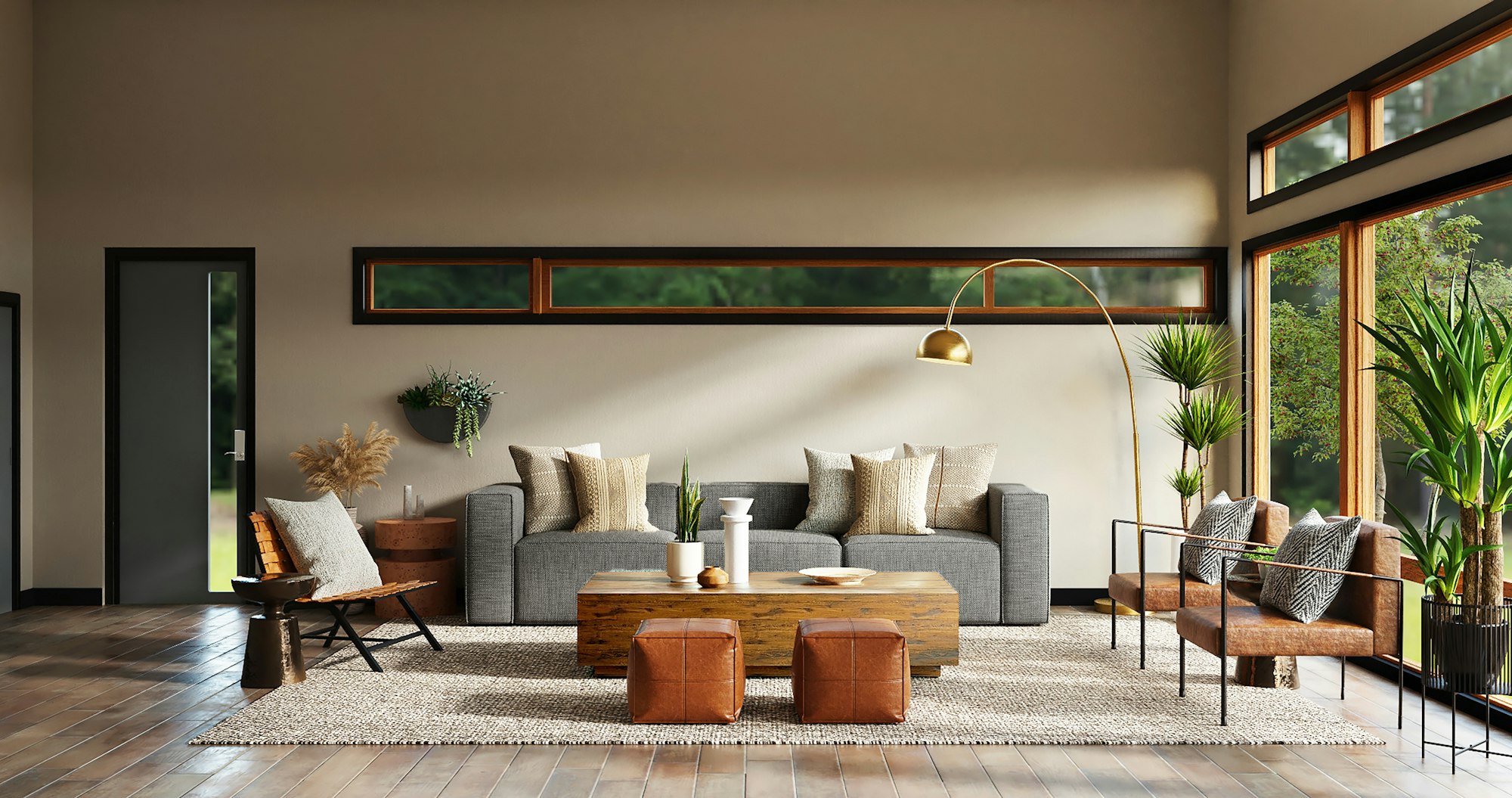 A calm living room with a grey sofa, timber coffee table and an arc lamp